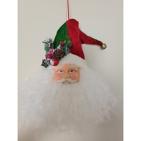 Vintage Lg Santa Face Ornament Velvet Cap Jingle Bell Greenery Door Wall Tree - Picture 13 of 13